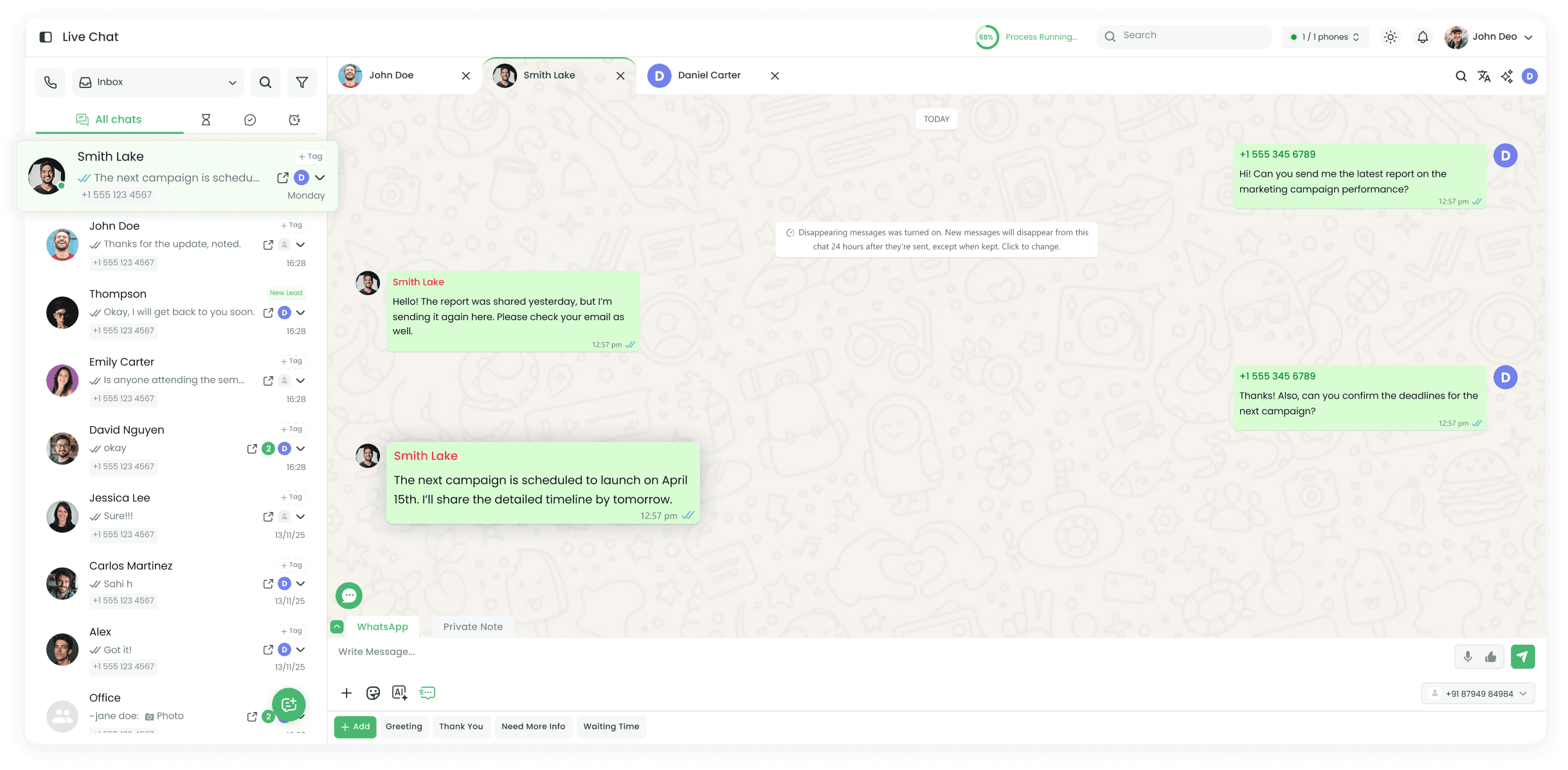 Clapvo live chat shared inbox interface