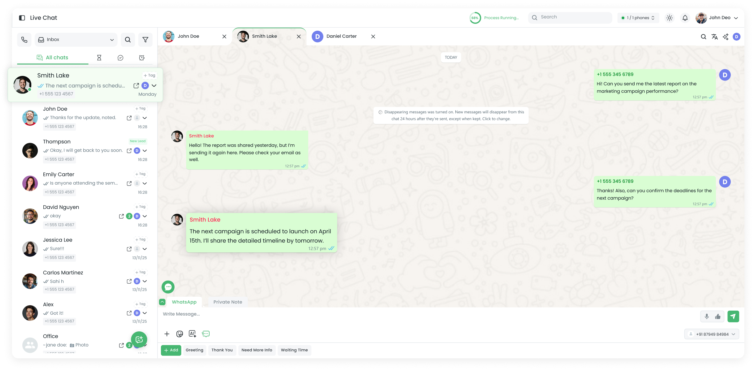 Clapvo live chat shared inbox interface